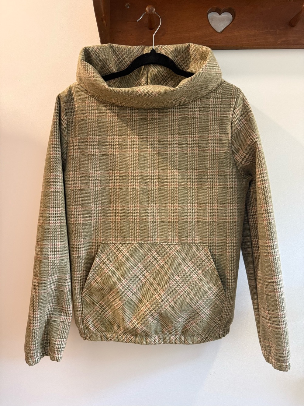 Plaid Cowl Neck Pullover in Olive Green